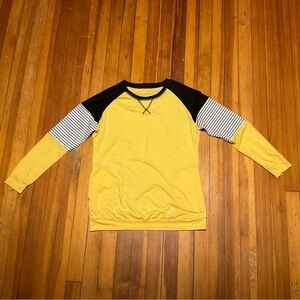 Yellow Crewneck Pullover with Striped Sleeve Accent